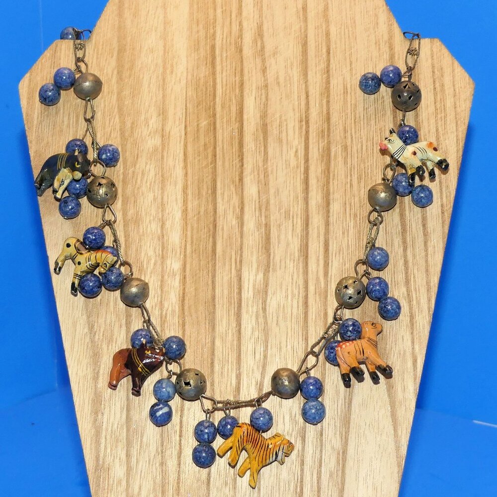 Vintage Chunky Charm Animal Necklace Handmade Carved Wood Tiger Zebra Bull Deer